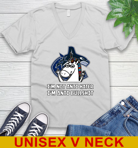 Vancouver Canucks NHL Hockey Unicorn I'm Not Anti Hater I'm Anti Bullshit V-Neck T-Shirt