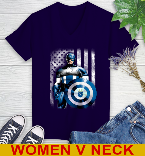 Kansas City Royals MLB Baseball Captain America Marvel Avengers American Flag Shirt Women's V-Neck T-Shirt 3