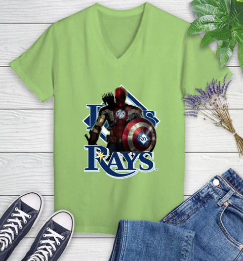 MLB Captain America Thor Spider Man Hawkeye Avengers Endgame Baseball Tampa Bay Rays Women's V-Neck T-Shirt 11