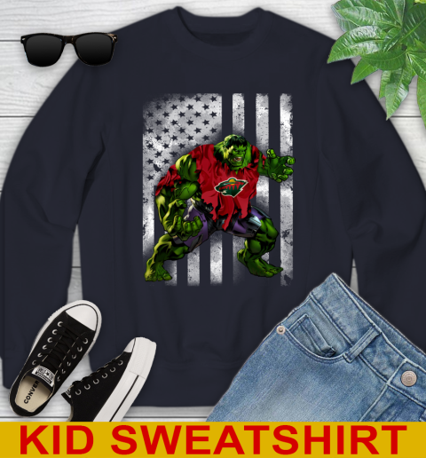 Minnesota Wild Hulk Marvel Avengers NHL Hockey American Flag Youth Sweatshirt 2