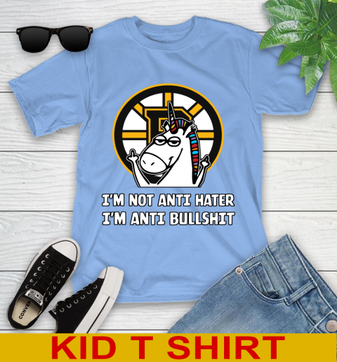 Boston Bruins NHL Hockey Unicorn I'm Not Anti Hater I'm Anti Bullshit Youth T-Shirt 11