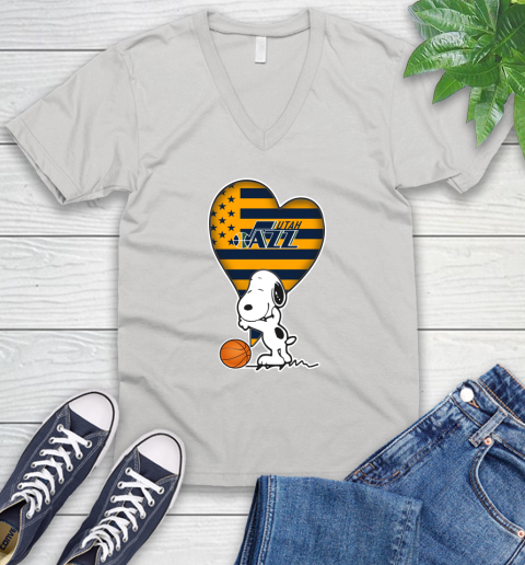 Utah Jazz NBA Basketball The Peanuts Movie Adorable Snoopy V-Neck T-Shirt