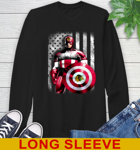 Chicago Blackhawks NHL Hockey Captain America Marvel Avengers American Flag Shirt Long Sleeve T-Shirt
