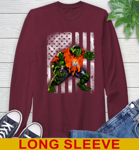 Miami Marlins Hulk Marvel Avengers MLB Baseball American Flag Long Sleeve T-Shirt 7