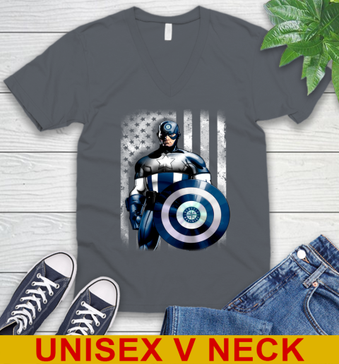 Seattle Mariners MLB Baseball Captain America Marvel Avengers American Flag Shirt V-Neck T-Shirt 4