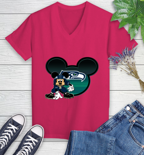 NFL Seattle Seahawks Mickey Mouse Disney Football T Shirt Women's V-Neck T-Shirt 9