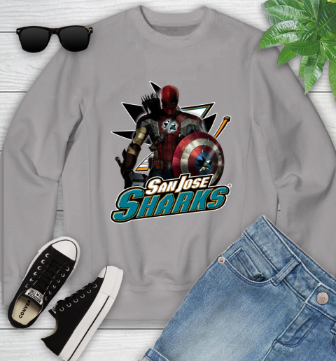 NHL Captain America Thor Spider Man Hawkeye Avengers Endgame Hockey San Jose Sharks Youth Sweatshirt 4