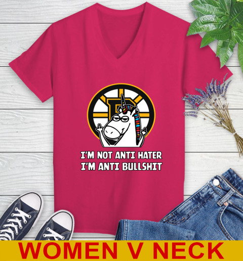 Boston Bruins NHL Hockey Unicorn I'm Not Anti Hater I'm Anti Bullshit Women's V-Neck T-Shirt 10