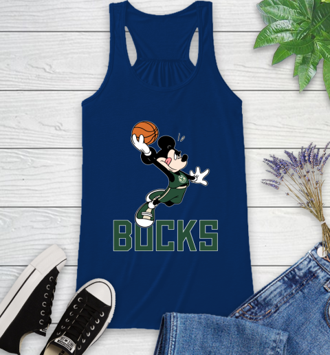 NBA Basketball Milwaukee Bucks Cheerful Mickey Mouse Shirt Racerback Tank 8