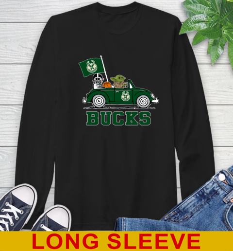 NBA Basketball Milwaukee Bucks Darth Vader Baby Yoda Driving Star Wars Shirt Long Sleeve T-Shirt 2