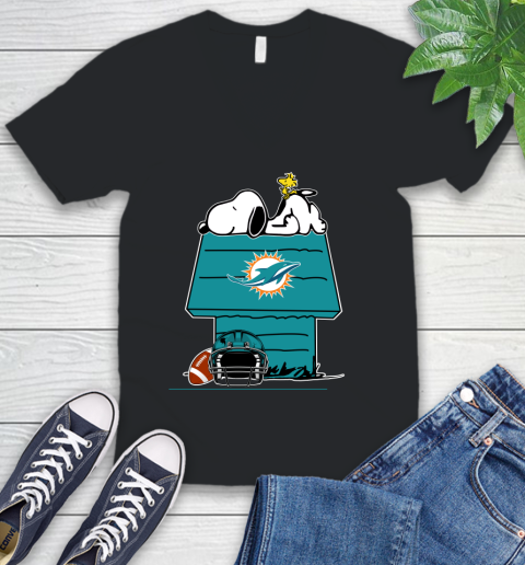 Miami Dolphins NFL Football Snoopy Woodstock The Peanuts Movie V-Neck T-Shirt 2