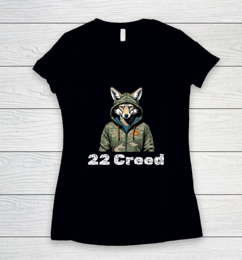 Coyote in Hood 22 Creed Graphic Hunting Women's V-Neck T-Shirt