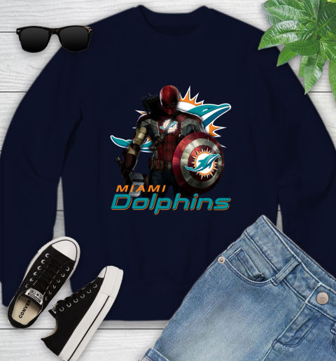 NFL Captain America Thor Spider Man Hawkeye Avengers Endgame Football Miami Dolphins Youth Sweatshirt 3