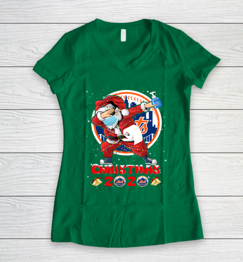 New York Mets Funny Santa Claus Dabbing Christmas 2020 MLB Women's V-Neck T-Shirt 3