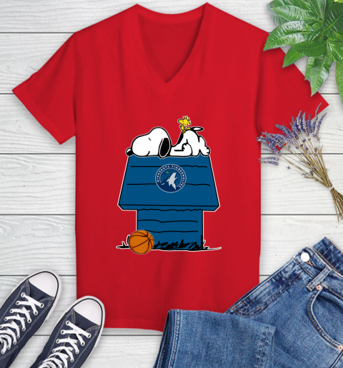 Minnesota Timberwolves NBA Basketball Snoopy Woodstock The Peanuts Movie Women's V-Neck T-Shirt 12