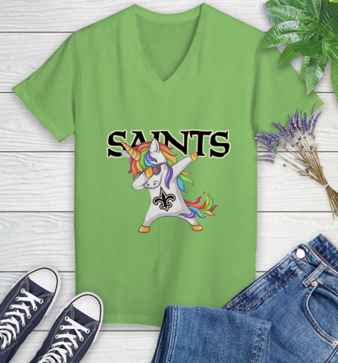 New Orleans Saints NFL Football Funny Unicorn Dabbing Sports Women's V-Neck T-Shirt 11