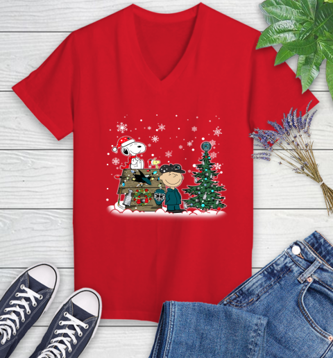 NHL San Jose Sharks Snoopy Charlie Brown Woodstock Christmas Stanley Cup Hockey Women's V-Neck T-Shirt 11