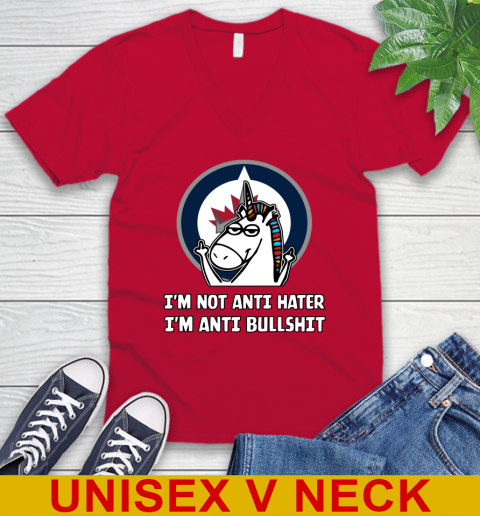Winnipeg Jets NHL Hockey Unicorn I'm Not Anti Hater I'm Anti Bullshit V-Neck T-Shirt 7