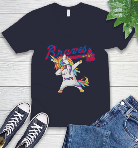 Atlanta Braves MLB Baseball Funny Unicorn Dabbing Sports V-Neck T-Shirt 3