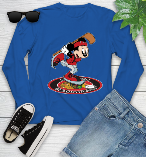 NHL Hockey Chicago Blackhawks Cheerful Mickey Disney Shirt Youth Long Sleeve 10