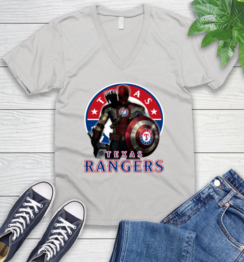 MLB Captain America Thor Spider Man Hawkeye Avengers Endgame Baseball Texas Rangers V-Neck T-Shirt