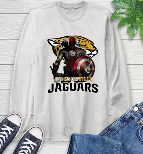 NFL Captain America Thor Spider Man Hawkeye Avengers Endgame Football Jacksonville Jaguars Long Sleeve T-Shirt