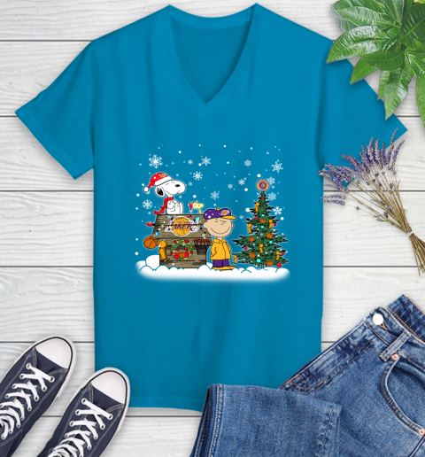 Los Angeles Lakers NBA Basketball Christmas The Peanuts Movie Snoopy Championship Women's V-Neck T-Shirt 7