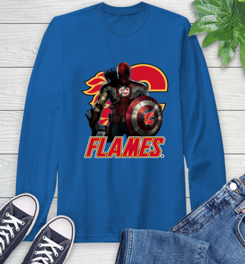NHL Captain America Thor Spider Man Hawkeye Avengers Endgame Hockey Calgary Flames Long Sleeve T-Shirt 9