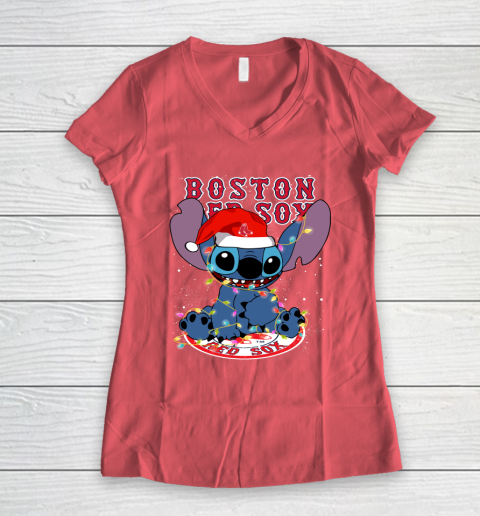 Boston Red Sox MLB noel stitch Baseball Christmas Women's V-Neck T-Shirt 3