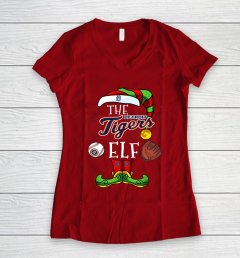 Detroit Tigers Christmas ELF Funny MLB Women's V-Neck T-Shirt 8