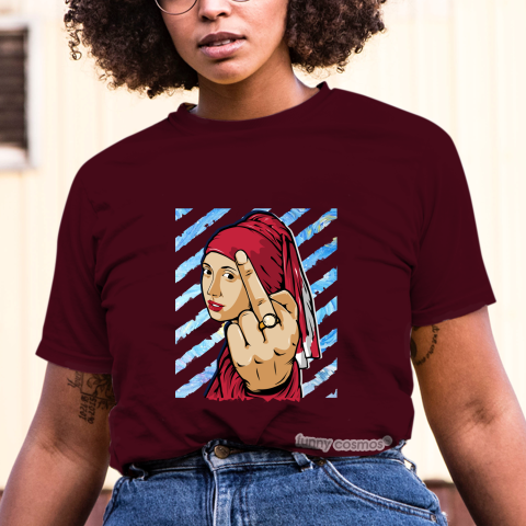 Air Jordan 1 Reverse Bred Matching Sneaker Tshirt The girl With The Pearl Earing Middle Finger Red and Black Jordan Tshirt