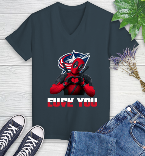 NHL Columbus Blue Jackets Deadpool Love You Fuck You Hockey Sports Women's V-Neck T-Shirt 8