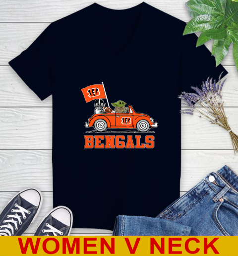 NFL Football Cincinnati Bengals Darth Vader Baby Yoda Driving Star Wars Shirt Women's V-Neck T-Shirt 3