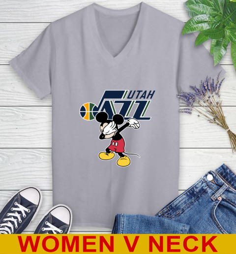 Utah Jazz NBA Basketball Dabbing Mickey Disney Sports Women's V-Neck T-Shirt 5
