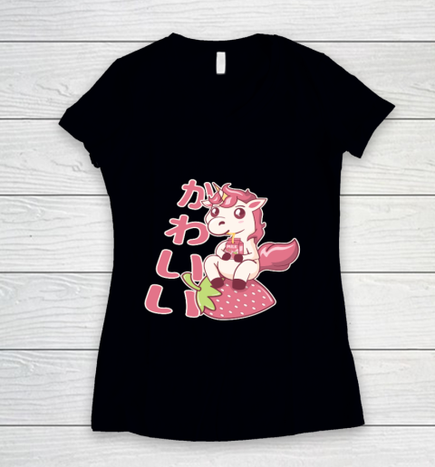 Strawberry Milk Shake Carton  Kawaii Chibi Unicorn Japanese Women's V-Neck T-Shirt