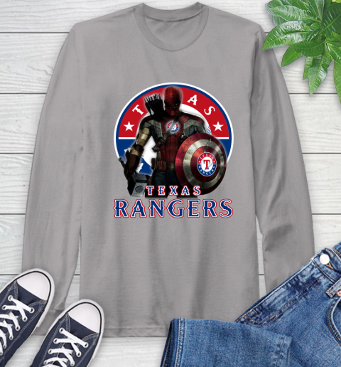 MLB Captain America Thor Spider Man Hawkeye Avengers Endgame Baseball Texas Rangers Long Sleeve T-Shirt 6