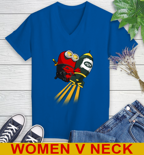 NFL Football New York Jets Deadpool Minion Marvel Shirt Women's V-Neck T-Shirt 9