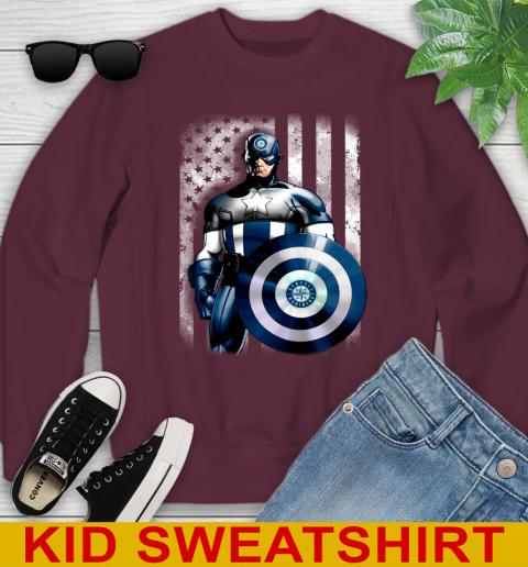 Seattle Mariners MLB Baseball Captain America Marvel Avengers American Flag Shirt Youth Sweatshirt 4