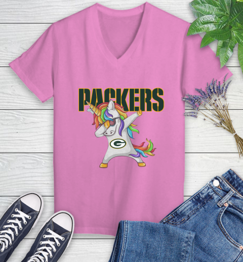 Green Bay Packers NFL Football Funny Unicorn Dabbing Sports Women's V-Neck T-Shirt 14