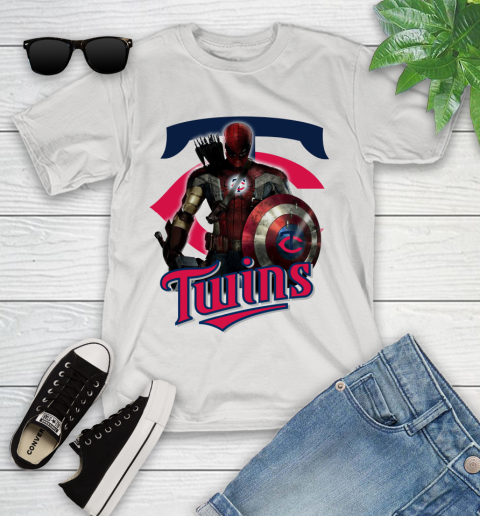 MLB Captain America Thor Spider Man Hawkeye Avengers Endgame Baseball Minnesota Twins Youth T-Shirt