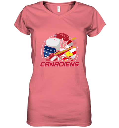 lm7t montreal canadienssnoopy and woodstock nhl women v neck t shirt 39 front coral