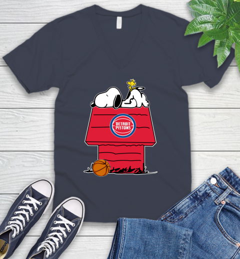 Detroit Pistons NBA Basketball Snoopy Woodstock The Peanuts Movie V-Neck T-Shirt 9