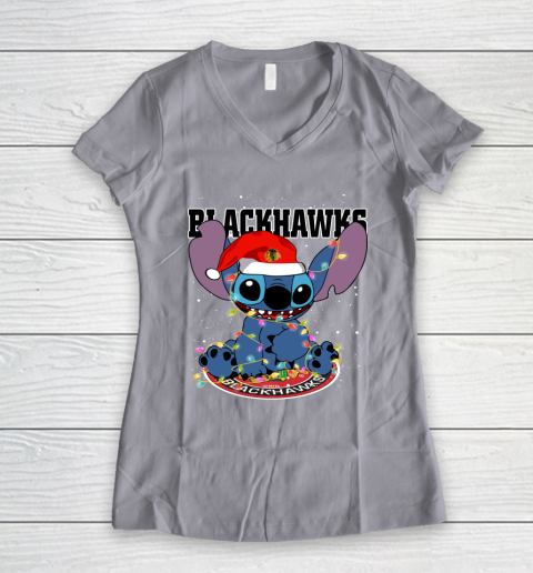 Chicago Blackhawks NHL Hockey noel stitch Christmas Women's V-Neck T-Shirt 2