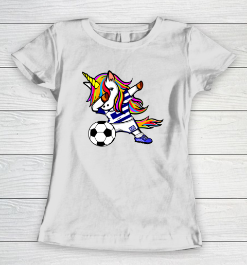 Funny Dabbing Unicorn Greece Football Greek Flag Soccer Women's T-Shirt