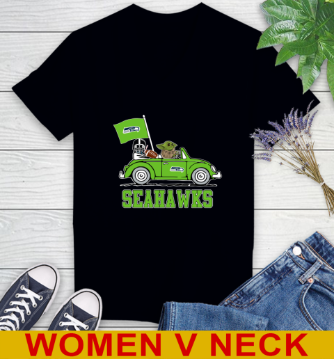 NFL Football Seattle Seahawks Darth Vader Baby Yoda Driving Star Wars Shirt Women's V-Neck T-Shirt 2