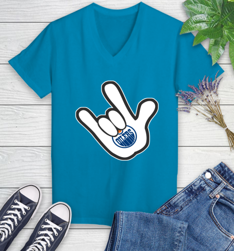 Edmonton Oilers NHL Hockey Mickey Rock Hand Disney Women's V-Neck T-Shirt 7