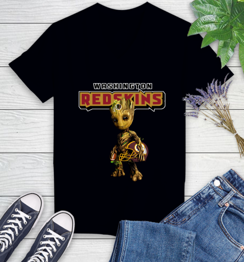 Washington Redskins NFL Football Groot Marvel Guardians Of The Galaxy Women's V-Neck T-Shirt 2