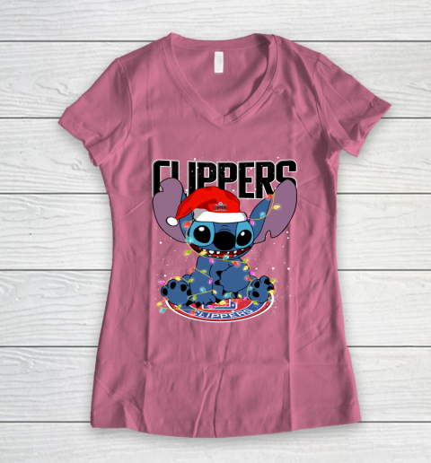 LA Clippers NBA noel stitch Basketball Christmas Women's V-Neck T-Shirt 7