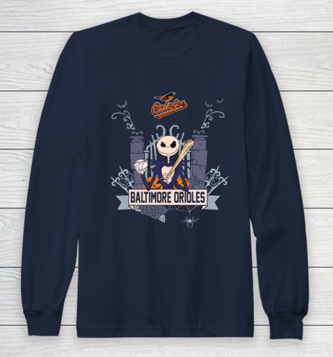 MLB Baltimore Orioles Baseball Jack Skellington Halloween Long Sleeve T-Shirt 2
