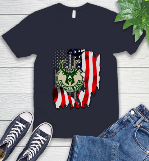 Milwaukee Bucks NBA Basketball American Flag V-Neck T-Shirt 2